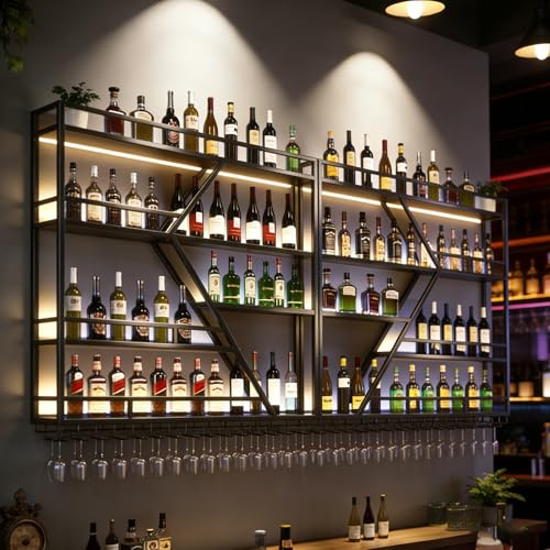 amhricho Portabottiglie in Metallo da Parete, Moderno Portabottiglie da Parete con Portabicchieri, Ripiano Per Liquori, Ripiani da Bar Per Bottiglie di Liquore (4 strati BLACK, 240 * 20 * 123CM)