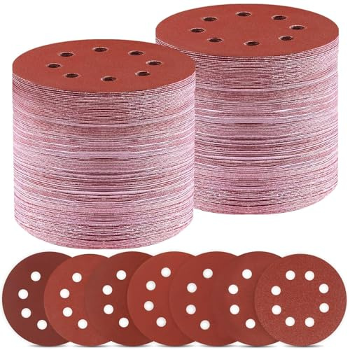 110 PCS 5 Inch 8 Hole Sanding Discs, Round Hook and Loop Sandpaper Assorted for Random Orbital Sander(40 80 120 150 240 320 600 Mix Grit)