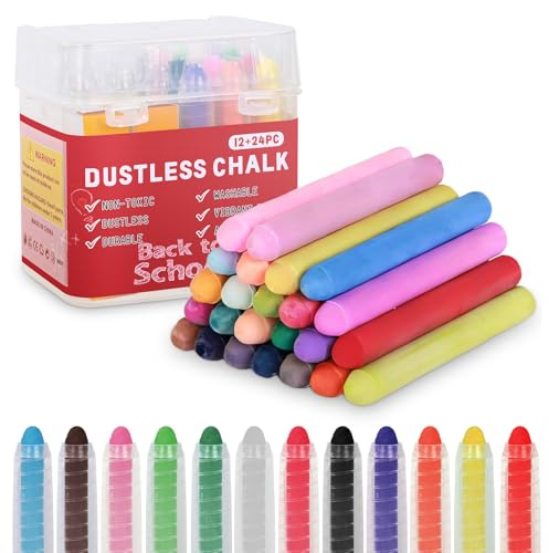 Dustless Chalk for Kids - 36 PCS Colored Non-toxic Twistable Sidewalk Chalk with Holder, Dust-free Washable Children's Day Toddler Chalk, Art Tool for Children Outdoor Blackboard Drawing Writing