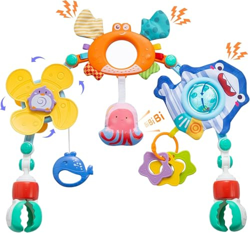 Neuytiky Arco Passeggino, Gioco Passeggino Neonato, Arco da Viaggio per Culla con Sonaglio, Regolabile e Pieghevole, Giocattoli Sensoriali per Buttafuori, seggiolino Auto (Arancia)