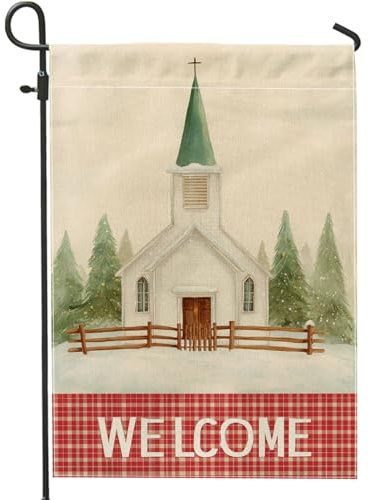 Bandiera da giardino per chiesa, recinzione invernale rustica con alberi verdi su entrambi i lati, bandiere decorative per esterni, patio, prato, portico anteriore, balcone, 30,5 x 45,7 cm