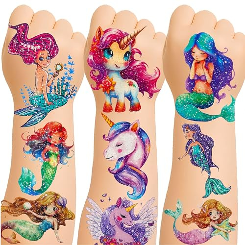 150+ tatuaggi temporanei scintillanti per ragazze – confezionati singolarmente, resistenti all'acqua, con sirena, unicorno, fata, farfalla e altro