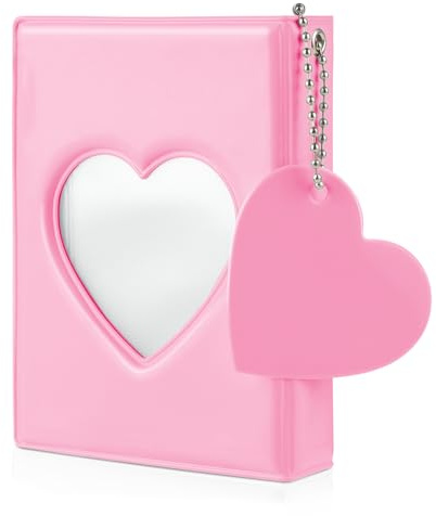 Molain 3 Inch Small Photo Album, Heart Hollow Card Binder with 32 Pockets, Pink Photocard Binder, Cute Photo Card Holder with Beaded Chain for Photocards Collection(Pink)