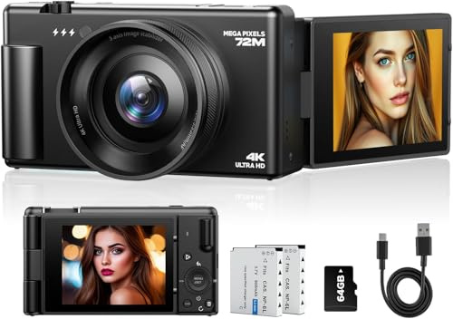 Appareil Photo Numérique 4K 72MP Autofocus, Écran Orientable 270° pour Vlog Youtube, Zoom Numérique 18X, Caméra Compacte de Voyage pour Débutants, Webcam Streaming, Carte 64GB & 2 Batteries