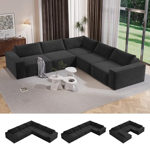 Vesgantti 285cm Boneless Corner Sofa, Deep Seat Large Modular Couch, Black | Cloud Comfort, No Assembly Required, Easy Rearrangement, Sectional Living Room Couch for Apartment, Compressed Sofa Chenille