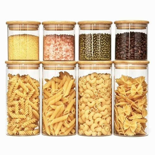Otauoaea 8 Piezas Botes de Cristal con Tapa, 4x 330 ml + 4x 700 ml - Tarros de Cristal con Tapa - Botes Cocina Almacenaje Hermeticos - Frascos Vidrio para Pasta, Cereales, Legumbres, Café