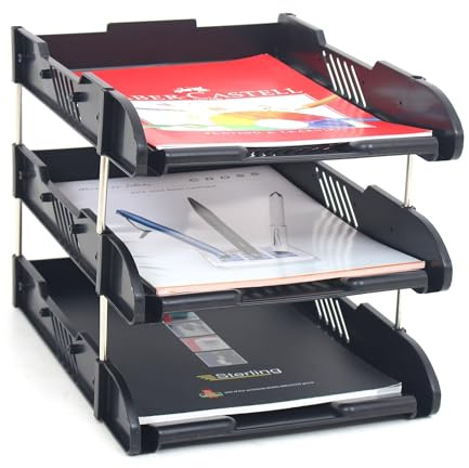 3-Tier Paper Tray - Stackable Desk Organiser Tray - Filing Trays for Letters, Paper, Documents, Magazines, Files - Detachable Frame, Stable Base, Easy Assembly - Desk Accessories - Black