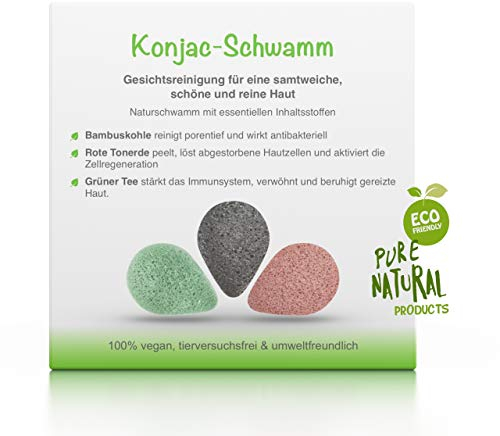 Spugna Konjac in confezione da 3 con carbone di bambù argilla rossa tè verde ideale per un delicato e delicato viso speeling & perfetto per la pulizia quotidiana profonda ecologico e sostenibile.