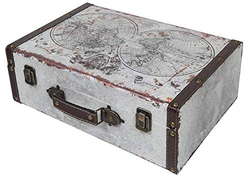 HMF VKO101 Vintage Koffer aus Holz | 38 x 26 x 13 cm | Groß | Deko Weltkarte