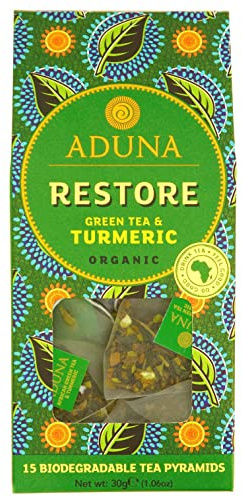 Aduna Organic Restore Green Super Tea | Natural Herbal Infusion With African Green Tea, Turmeric & Citrus | Superfood Tea for Digestive Health & Immunity | 15 Biodegradable Pyramid Bags x 6 Packs