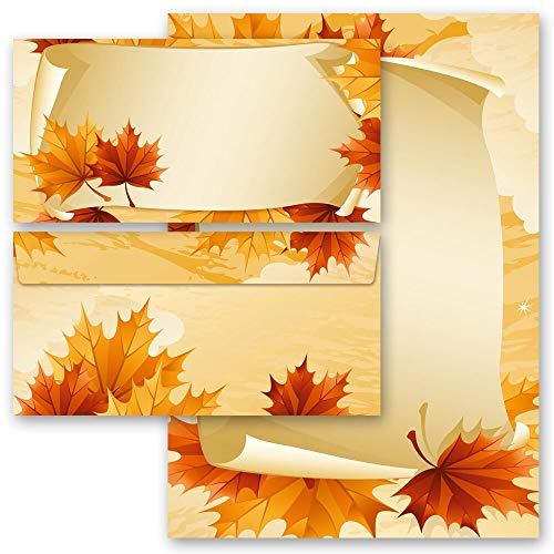 Motivpapier Briefpapier Sets Briefpapier mit Umschlag Jahreszeiten - Herbst, HERBSTBLÄTTER 50 Blatt Briefpapier + 50 passende Briefumschläge DIN LANG ohne Fenster | Paper-Media
