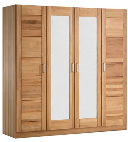 Möbel-Store24 Kleiderschrank Spiegeltür Holz Kernbuche teilmassiv Natur geölt 4-türig Pia,Maße BxTxH: 202 x 60 x 205 cm