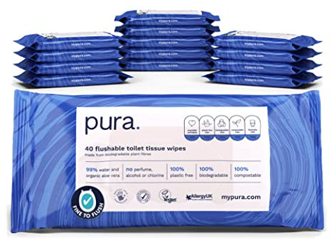 Pura Carta Igienica Umidificata, 560 Salviette (14 x 40 Salviette), Salviette per la Pulizia Della Pelle Sensibile, Certificate 'Fine to Flush', Completamente Prive di Plastica, Biodegradabili