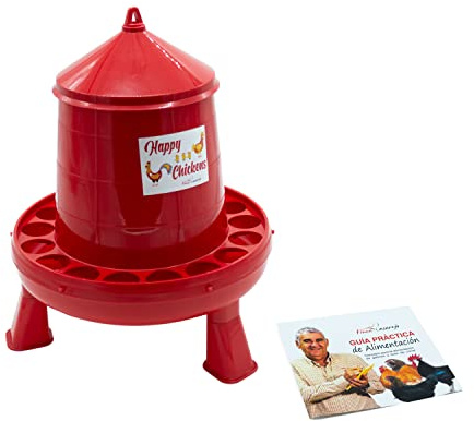 FINCA CASAREJO Comedero con Patas para Gallinas - Sistema Antidespilfarro - Tolva Happy Chickens 2kg - Plástico Resistente para conservar el alimento - Incluye Guía Práctica Alimentación de Gallinas