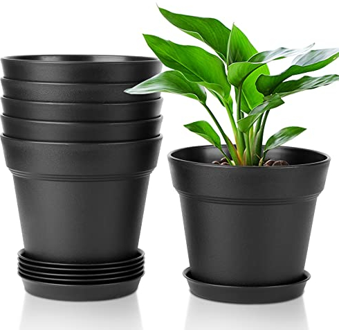T4U 16cm Kunststoff Blumentopf mit Untersetzer, 6er-Set Plastik Übertopf Kräutertopf mit Mehrere Ablauflöchern, Rund Pflanzkübel für Innen und Balkon Sukkulenten Kaktus, Schwarz