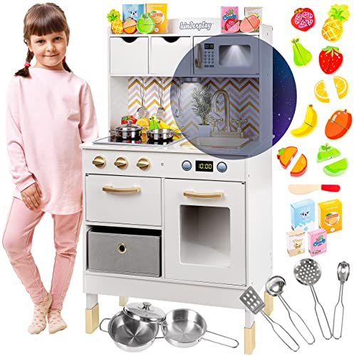 Kinderplay Holz-Spielküche mit LED & Kochgeräusch – Höhenverstellbare Kinderküche 92–107 cm – Rollenspielküche ab 3 Jahren – Komplettset mit Zubehör, hellgrau