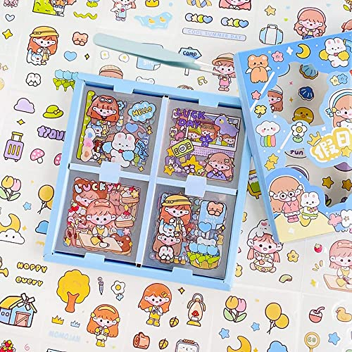 Scrapbooking Sticker 100 Blatt(500 STK) niedliches Cartoon Mädchen Aufkleber Set mit Pinzette PET Wasserdicht Selbstklebend Dekorativ Sticker für DIY Scrapbook Tagebuch Bullet Journaling Laptops