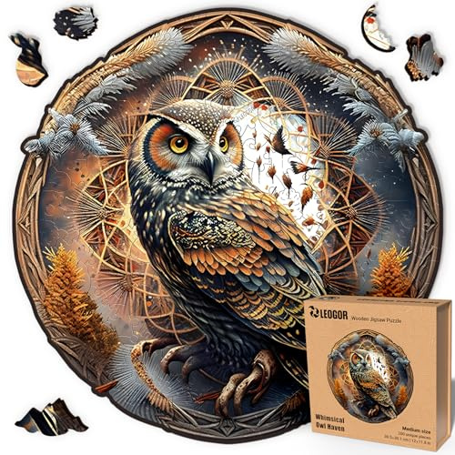 LEOGOR Whimsical Owl Haven Holzpuzzle Erwachsene 200 Teile 30.5 x 30.1 cm Eule Mandala Kunstwerk Dickes Naturholz Einzigartige Tierformen Kreatives Geschenk Familienzeit Bildschirmfreie Entspannung