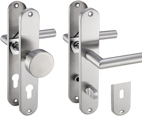 Stahlia Drückergarnitur Langschild Renovierungsgarnitur Edelstahl gebürstet EMILIA | PZ - Profizylinder | Türbeschlag für Zimmertüren, Eingangstüren für Türstärke 20 – 47 mm | Befestigungsmaterial