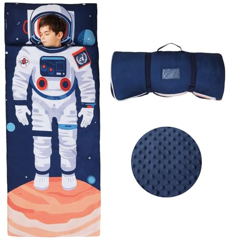 Nap Mat Caldo per Bambini con Rimovibile Cuscino, Grande Sacco a Pelo Pieghevole per Ragazze Ragazzi, Nap Mats con Doppia Cerniera per Campeggio, Scuola Materna e Asilo, 150×60cm Astronauti