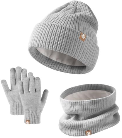 Kinder Strickmütze + Loop Schal + Handschuhe Set, Baumwollmütze Junge Mädchen Weich Kinder Beanie Mütze Nackenwärmer Halsbänder Halstuch Handschuh für Herbst Winter