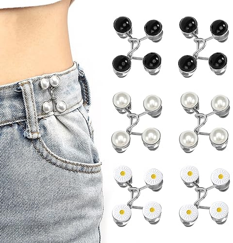 6 stück Verstellbare Nagelfreie Taillen Schnallen, Hose Enger Machen Clip, Button Pins, Jean Knopfnadeln, Hosenbund Enger Machen - 2 Schwarze Perlen, 2 Weiße Perlen, 2 Gänseblümchen