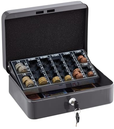 Relaxdays Geldkassette, abschließbar, Eisen, Münzzählbrett, Kleingeld & Scheine, HxBxT: 9 x 25 x 18 cm, Kassa, grau