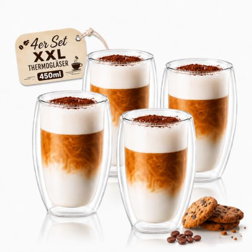Latte Macchiato Gläser doppelwandig 450ml Cappuccino Tassen - aus Borosilikatglas - Spülmaschinenfeste Teegläser Kaffeetassen Set - Thermogläser (4er Set)