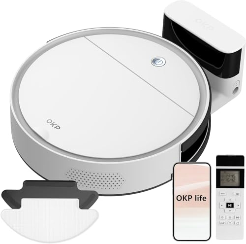 OKP K5B Robot Aspirapolvere e Mocio Ultra Sottile 7.7 cm, 2500Pa, Wi-Fi/App/Alexa, Adatto per Salviette Monouso, Ideale per Peli di Animali, Tappeti, Pavimenti Duri, Automatic Recharge