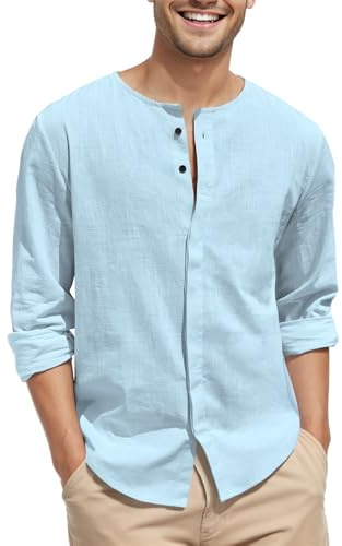 Puimentiua Leinenhemd Herren,Langarm Leinen Hemd,Leicht Sommerhemd mit Versteckte Knöpfe (Himmelblau,XL)