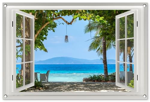 MuchoWow© Gartenposter Outdoor Bilder Gartendeko für draußen Wetterfest | 90x60 cm - Garten Sichtschutz Terrasse Deko Banner Bild Fensterblick - Baum - Meer - Palme - Hügel - Strand - Blau