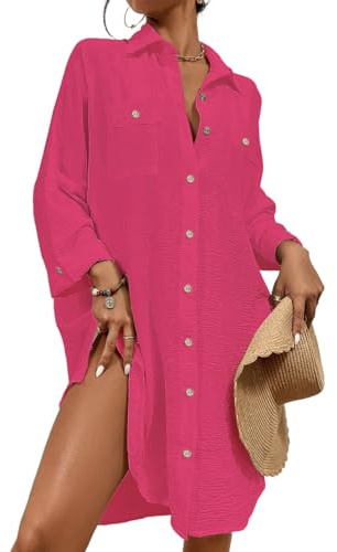 Bsubseach Dam modern baddräkt täcka upp blus button-down skjorta klänningar toppar rosa röd S, Rosenröd, S