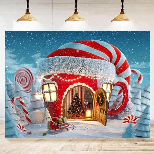 Zuckerstangen Haus Fotografie Hintergrund Weihnachtsdorf Schnee Kiefer Fotohintergrund Winter Flocken Urlaub Banner 250x180CM