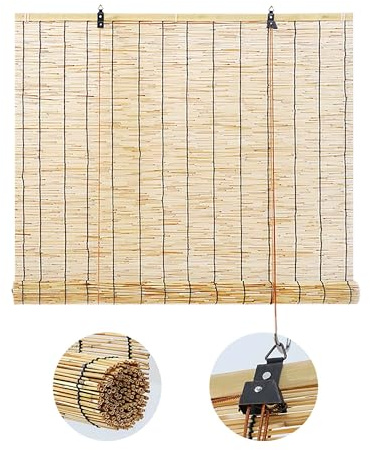 Roller Blind Retro Bamboo Blinds Outdoor Waterproof Window Shades Blinds 55 60 95 100 115 120 130 140 150 160 170 180cm Wide Roman Shades Anti-UV Dustproof Bamboo Curtains for Kitchen Deck Patio (Col
