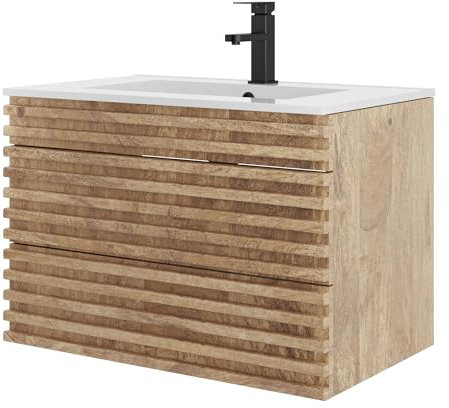 UEV Meuble Salle de Bain, avec Lavabo en Céramique, Lavabo Suspendu 75cm, 2 Tiroirs avec Système de Fermeture en Douceur, Grand Espace de Rangement, 75 x 45 x 46cm, Naturel