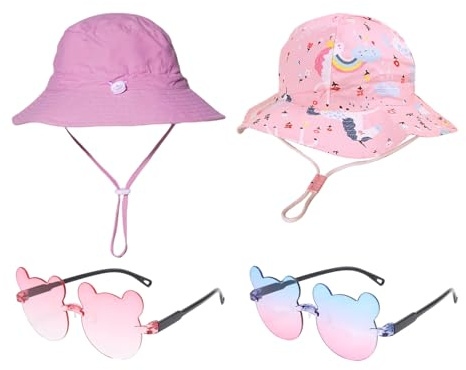 ZGDEIWGF 2 Hattar, 2 Solglasögon, Fiskarhatt, Solhatt för Baby och Småbarn, Barnhatt, Sommarhatt för Flickor och Pojkar, ROSA, S-M