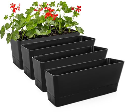 APACALI 4 Pack Rectangular Plant Pots, 30.5 x 9.7cm Window Box Planter with Tray, Garden Troughs Planters with Drainage Holes, Flower Pots Outdoor for Balcony, Office, Garden, Windowsill, Black