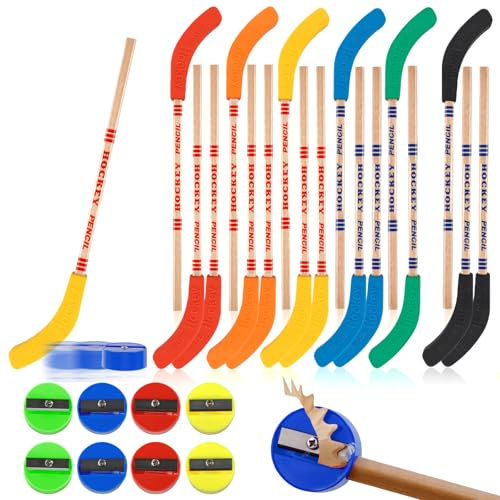 OT-NVWOZR 18 stycken blyertspennor hockey med suddgummi och 8 minipennvässare, färgglada hockeyklubbor pennor ishockeypennor hockey temafest dekorationer för barn studenter