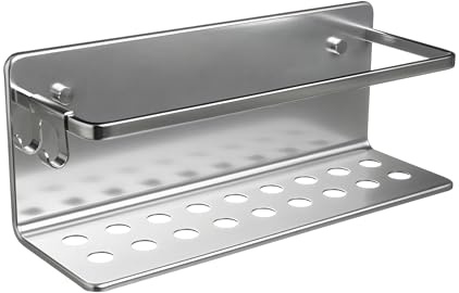 TATAY Duschhylla Utan Borrning Rektangulär Aluminium | Inkluderar Skruvar och Quick Fix Fästsystem | Fuktbeständig | Modern | Enkel Avrinning | 12 x 10 x 30 cm - Modell Serenity - Silver