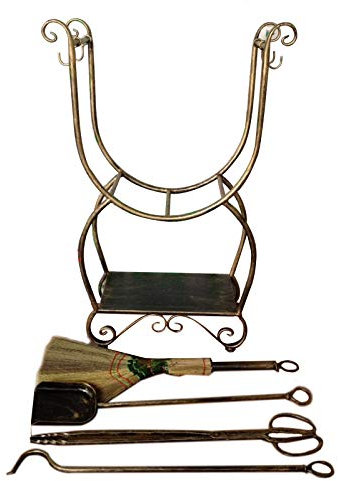 SmPinnaA Robustes Kaminbesteck-Set Aus Messing Und Holzscheithalter, Schmiedeeisen Mit Schürhaken, Schaufel, Zange, Antiker Bürste, Holzregal, 5-Teiliges Werkzeug, Für Den Innen- Und Außenb