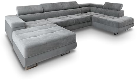 Masseno Ecksofa CASONE R-S mit Schlaffunktion U-Form, Sofa mit Bettkasten, Wohnzimmersofa, Couch, Soffa, Bettsofa, Couchgarnitur- Hellgrau, Monolith 84