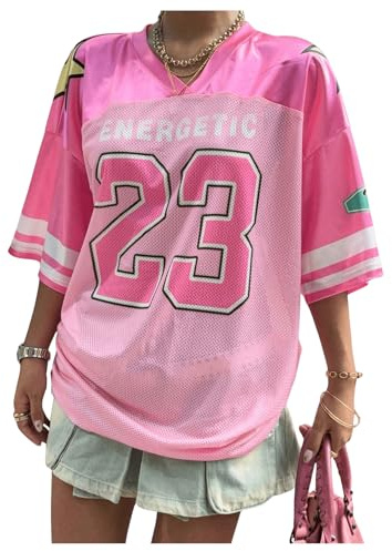 GORGLITTER Women's Football Jersey Letter Graphic Tee Oversized Off Campus T Shirts V Neck Half Sleeve Summer Festival Tops Hot Pink S