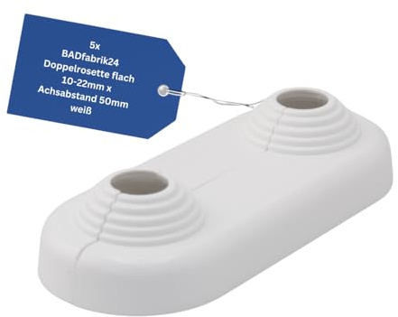 BADfabrik24 Doppelrosette flach 10–22 mm – zweiteilig, Achsabstand 50 mm, Kunststoff weiß – Abdeckrosette für Rohrverkleidung Heizung & Sanitär – 5 Stück