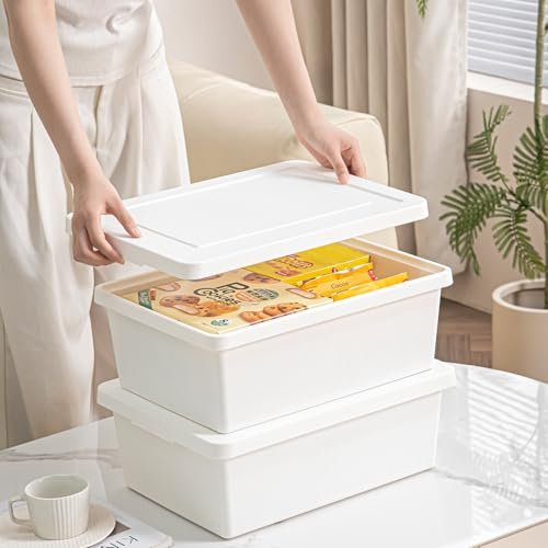 Asndeyu 2er Set 15L Premium Weiße Aufbewahrungsbox mit Deckel, Stapelbar & Mit Tragegriffen, Wasserdicht Feuchtigkeitsbeständig Kunststoffbox für Garage, Haushaltslagerung