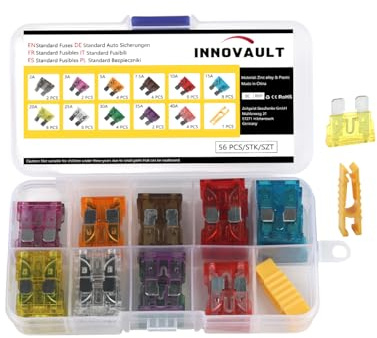 INNOVAULT Lot de 55 fusibles plats standard pour voiture, camion, camping-car, moto, kit de fusibles plats de rechange + 1 extracteur de fusible, 2 A - 40 A