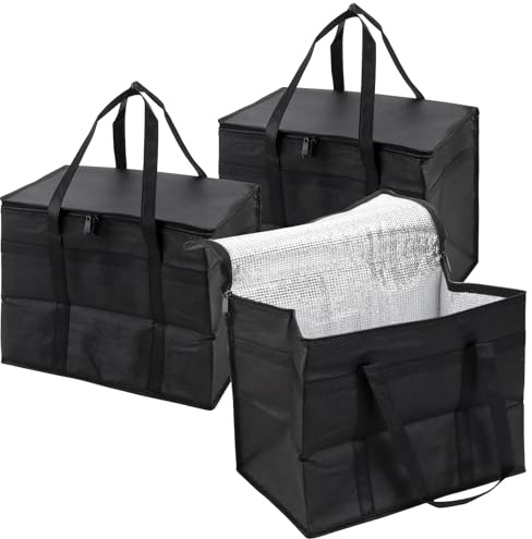CHIHEUNG 3PCS Large Cool Bag, 30L Foldable Food Delivery Bag, Insulated Picnic Bag, Reusable Collapsible Cooler Bags for Picnic, Camping, BBQ, Grocery Shopping, 41x23x33 cm