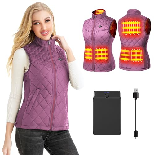 Kintiwe Chaleco Calefactable, Chaleco Calentador para Mujer con Bateria 12000mAh, USB Chaleco Termico con 3 Temperatura Ajustables, Ideal para Camping Senderismo Esquí Pesca