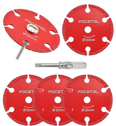FOCSTOL Mini Disco Diamantato per Metallo - 5 pezzi Lama Diamantata per Taglio 50mm e 1 pezzo Gambo Rotondo 3mm per Tagliare Tubi di Ferro Sottili, Lamiere Sottili, Bulloni e Viti
