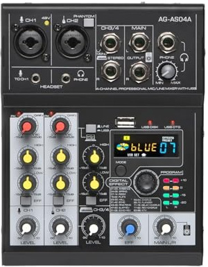 Mixer Audio, Mixer audio 4 canali Bluetooth 88 effetti DSP DJ console di missaggio USB registraze tavolo audio portatile for karaoke AG-AS04A per streaming live, podcasting, PC
