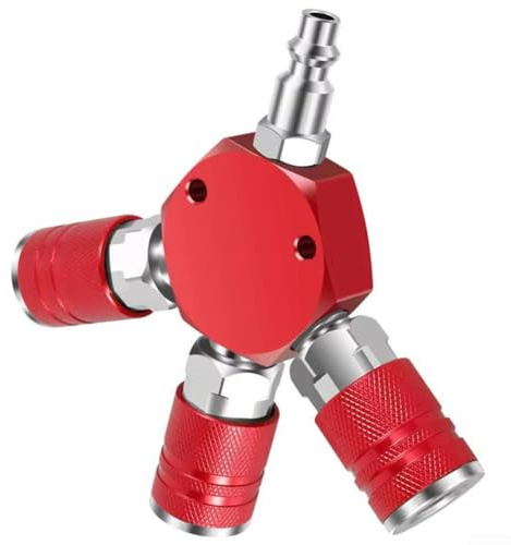 babominimer /4 Inch for NPT 3-Way Air Manifold for Air Compressor Systems, Hex Style Pneumatic Splitter with 3 Brass Quick Couplers, Red Metal Industrial Hose Connector(red)
